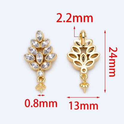 4pcs CZ Pave Gold Floral Charms, 13x24mm, DIY Pearl Peg Mounts, Half Drilled Pearl Settings (GB-1489)