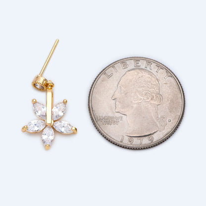 4pcs CZ Pave Flower Ear Posts 14x22mm, Real Gold Plated Brass Stud Earrings (#GB-1494)