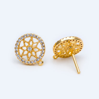 10pcs CZ Pave Flower Ear Posts 12mm, Round Filigree Stud Earrings with Loop (#GB-1450)