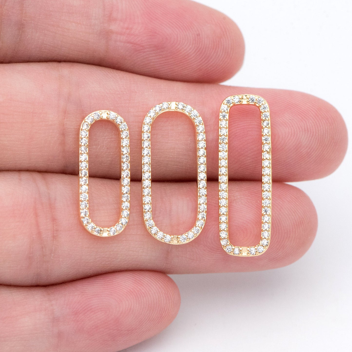 4pcs CZ Pave Gold/ Silver Tone Oval Link Charms, Brass Long Oval Hoops, Geometric Hoop Circle Connector Pendants (GB-1496)