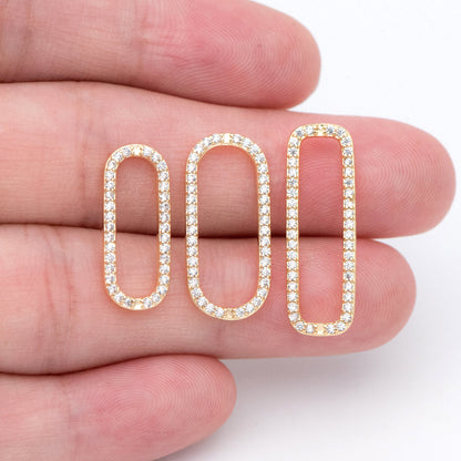 4pcs CZ Pave Gold/ Silver Tone Oval Link Charms, Brass Long Oval Hoops, Geometric Hoop Circle Connector Pendants (GB-1496)