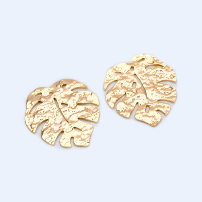 10pcs Gold plated Brass Textured Monstera Leaf Charm, 30mm, Hammered Palm Tree Leaves Pendants (GB-1422-J)