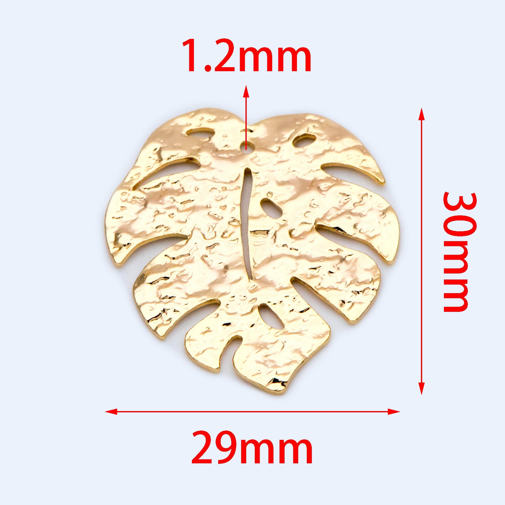 10pcs Gold plated Brass Textured Monstera Leaf Charm, 30mm, Hammered Palm Tree Leaves Pendants (GB-1422-J)