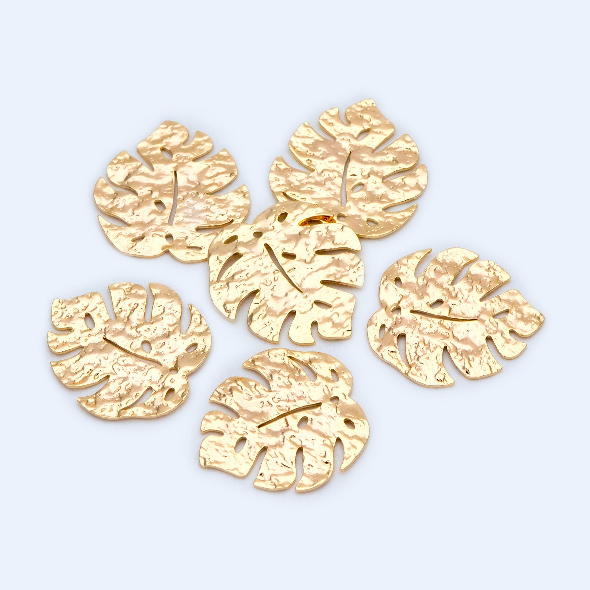 10pcs Gold plated Brass Textured Monstera Leaf Charm, 30mm, Hammered Palm Tree Leaves Pendants (GB-1422-J)