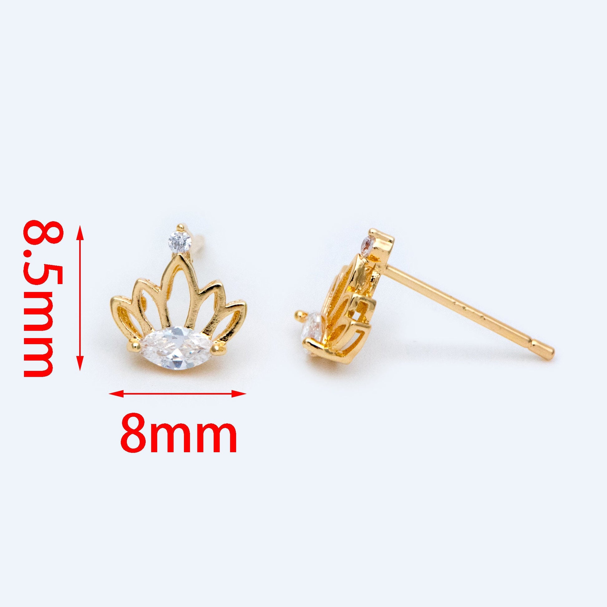 10pcs CZ Pave Gold Crown Earrings 8mm, Dainty Flower Stud Earrings (#GB-1453)