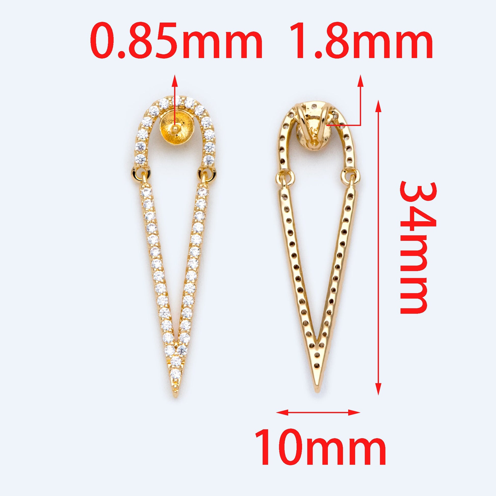 4pcs CZ Pave Gold Drop Charms, 34x10mm, DIY Pearl Peg Mounts, Half Drilled Pearl Settings (GB-1498)