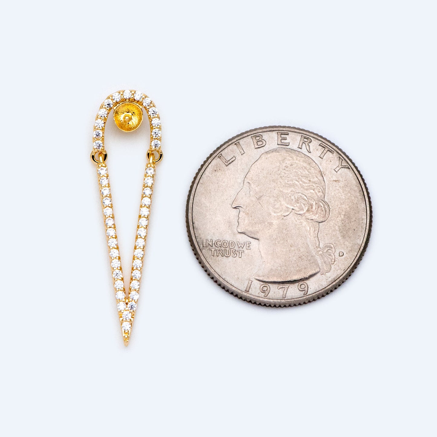 4pcs CZ Pave Gold Drop Charms, 34x10mm, DIY Pearl Peg Mounts, Half Drilled Pearl Settings (GB-1498)