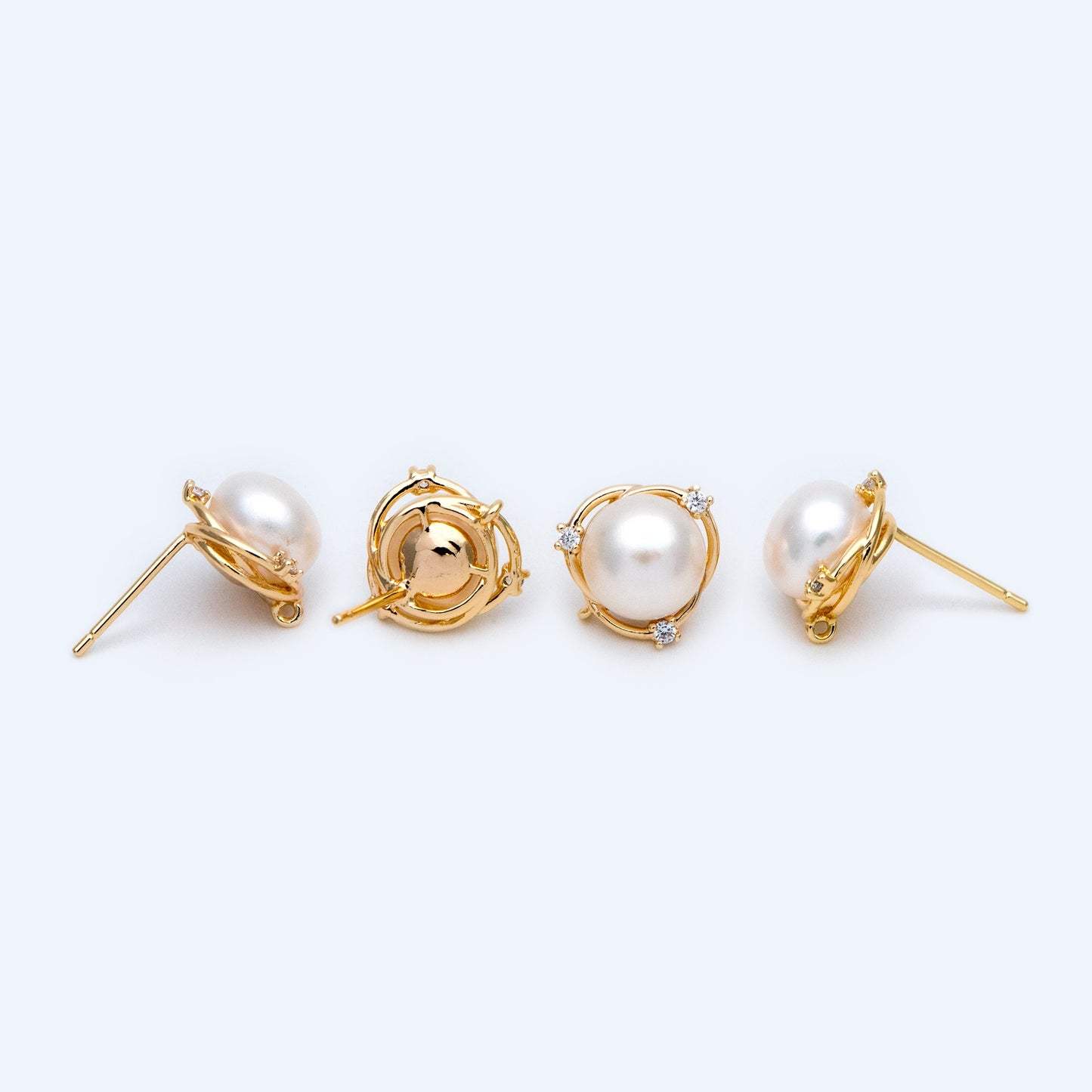 1 pair, Natural Pearl Stud Earrings, 18K Gold plated Brass Ear Posts, 8mm Freshwater Pearls, CZ pave Earring (#PL-55)