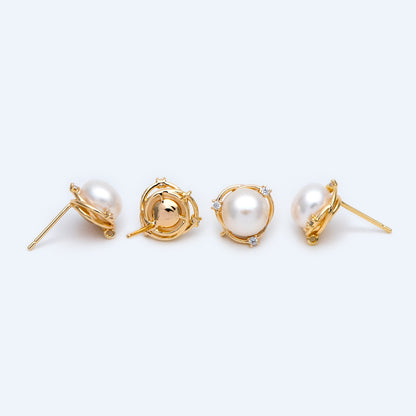 1 pair, Natural Pearl Stud Earrings, 18K Gold plated Brass Ear Posts, 8mm Freshwater Pearls, CZ pave Earring (#PL-55)