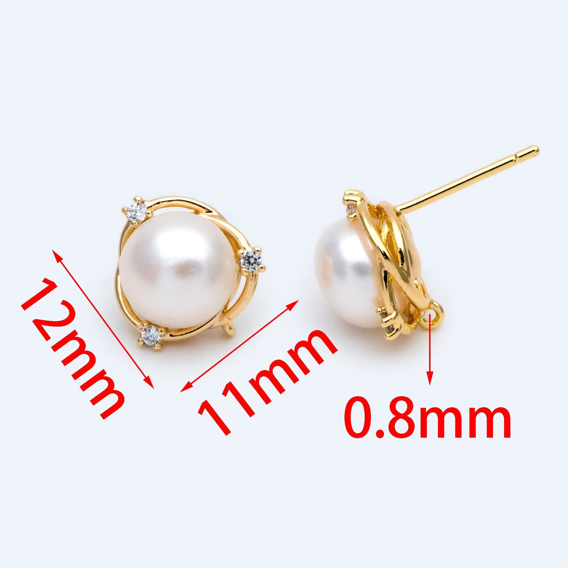 1 pair, Natural Pearl Stud Earrings, 18K Gold plated Brass Ear Posts, 8mm Freshwater Pearls, CZ pave Earring (#PL-55)