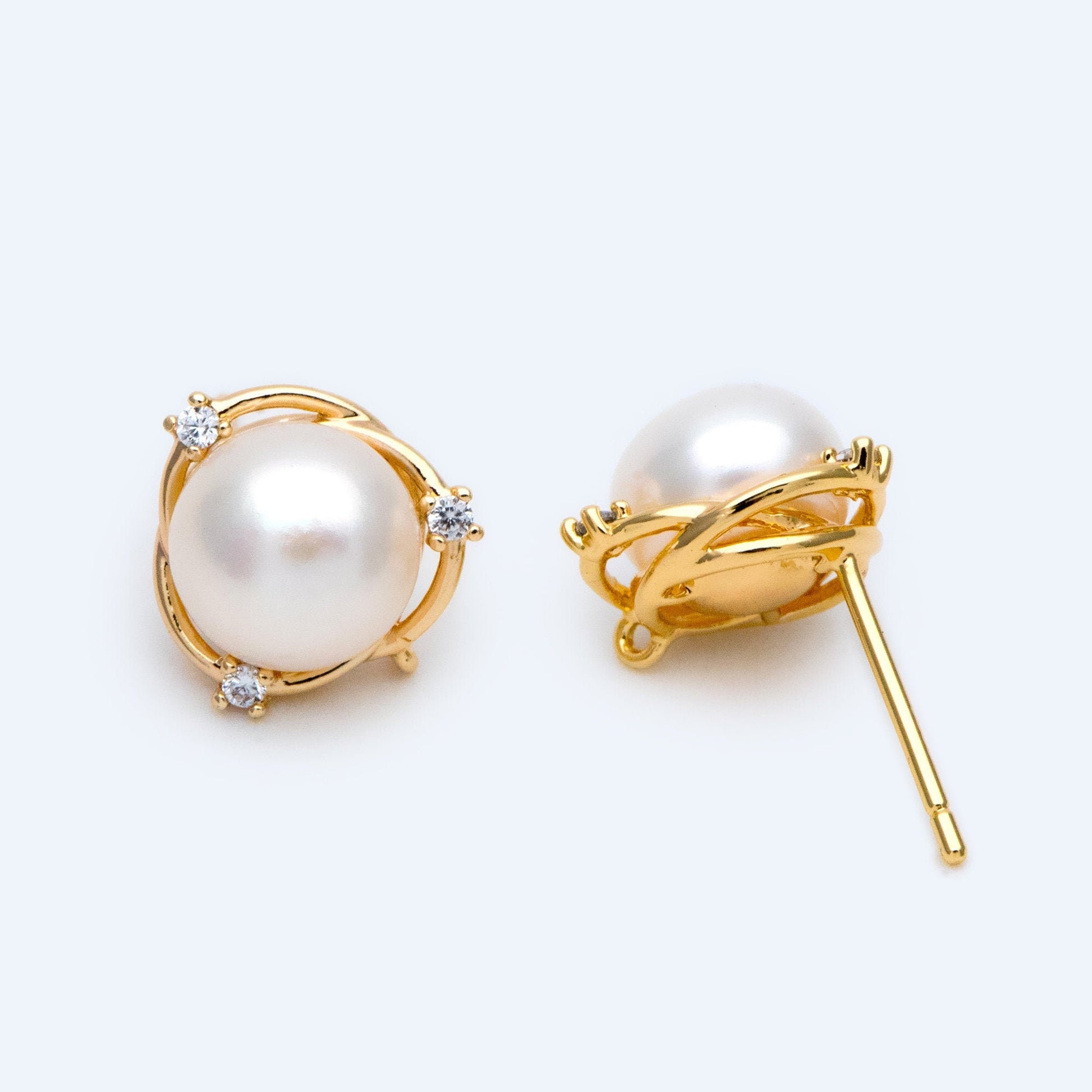 1 pair, Natural Pearl Stud Earrings, 18K Gold plated Brass Ear Posts, 8mm Freshwater Pearls, CZ pave Earring (#PL-55)