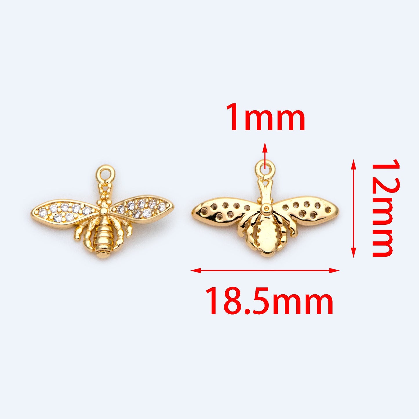 10pcs CZ Pave Bee Charm 18.5x12mm, 18K Gold Plated Brass, Bee Pendants (GB-3093-G)