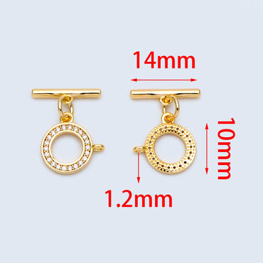 4 sets CZ Pave Gold Toggle Clasp With Loop, Real Gold plated Brass, Easy Close Clasp 10mm Smooth Round (GB-3544-H)