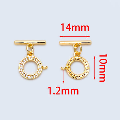 4 sets CZ Pave Gold Toggle Clasp With Loop, Real Gold plated Brass, Easy Close Clasp 10mm Smooth Round (GB-3544-H)