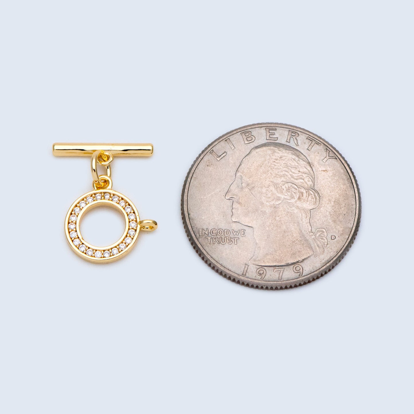 4 sets CZ Pave Gold Toggle Clasp With Loop, Real Gold plated Brass, Easy Close Clasp 10mm Smooth Round (GB-3544-H)