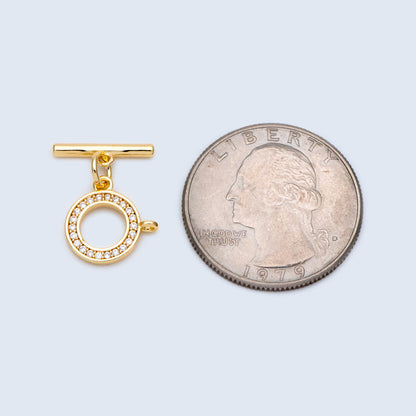 4 sets CZ Pave Gold Toggle Clasp With Loop, Real Gold plated Brass, Easy Close Clasp 10mm Smooth Round (GB-3544-H)
