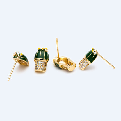4pcs CZ Pave Enamel Cactus Stud Earrings, 18K Gold plated Brass, Cactus Ear Posts (#GB-1503)