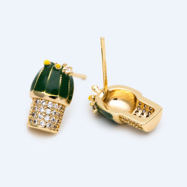 4pcs CZ Pave Enamel Cactus Stud Earrings, 18K Gold plated Brass, Cactus Ear Posts (#GB-1503)