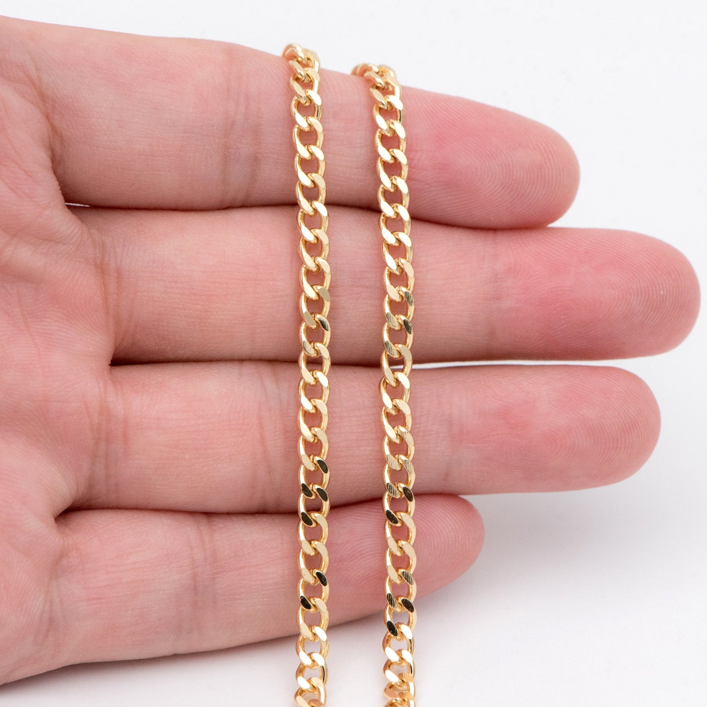 Gold/ Silver Tone Flat Curb Chain 4mm, 18K Gold/ Rhodium Plated Brass, Strong Curb Chain (#LK-429)/ 1 Meter=3.3 ft