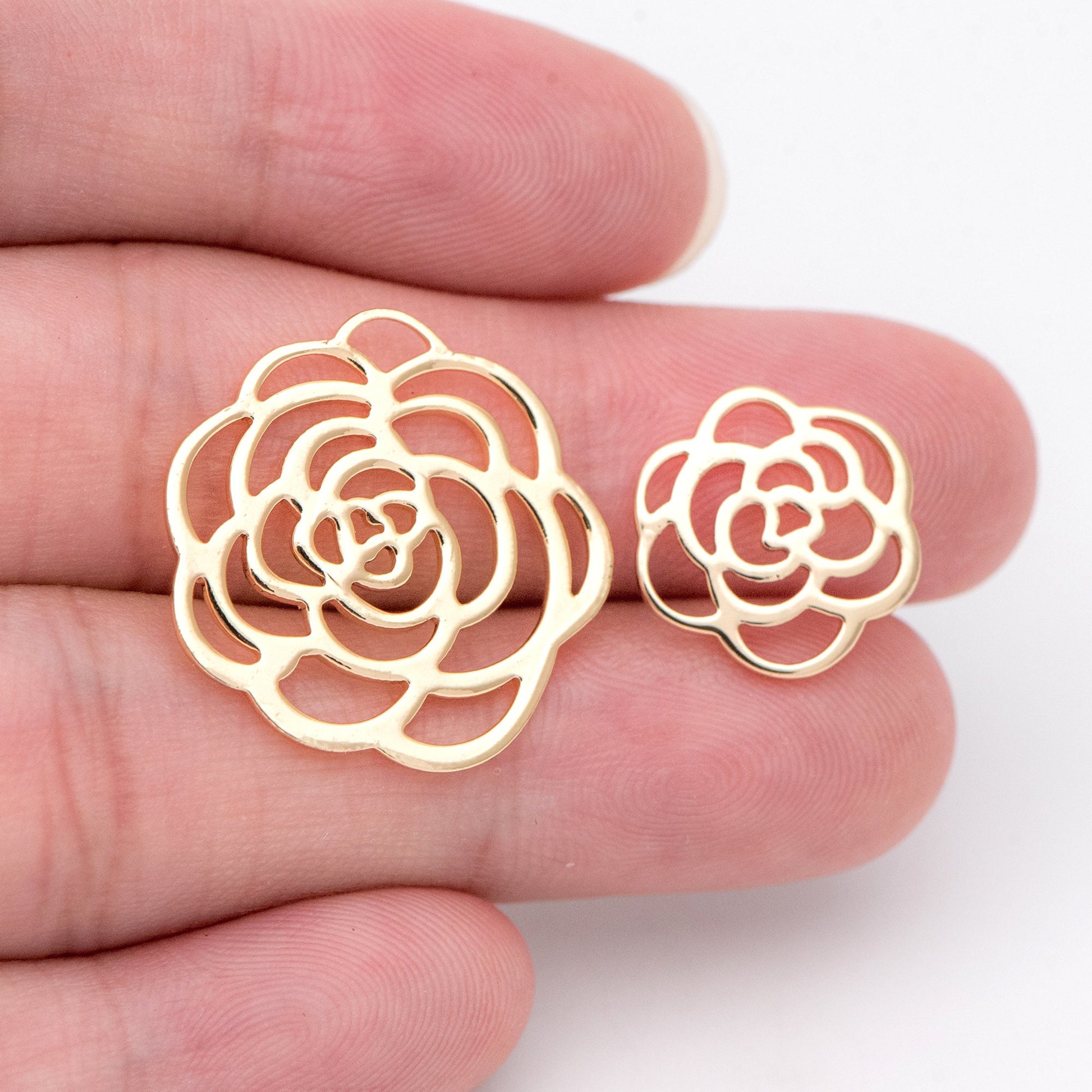 10pcs Gold Hollow Flower Charm Pendants 14/22mm, Real Gold plated Brass Connectors (GB-1487)
