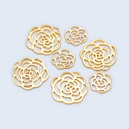 10pcs Gold Hollow Flower Charm Pendants 14/22mm, Real Gold plated Brass Connectors (GB-1487)