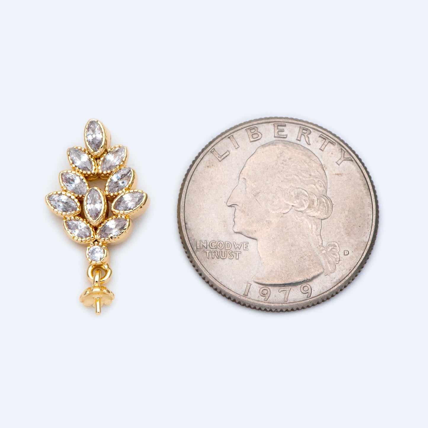 4pcs CZ Pave Gold Floral Charms, 13x24mm, DIY Pearl Peg Mounts, Half Drilled Pearl Settings (GB-1489)