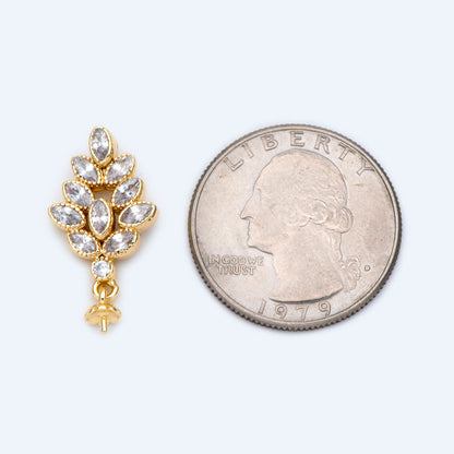 4pcs CZ Pave Gold Floral Charms, 13x24mm, DIY Pearl Peg Mounts, Half Drilled Pearl Settings (GB-1489)