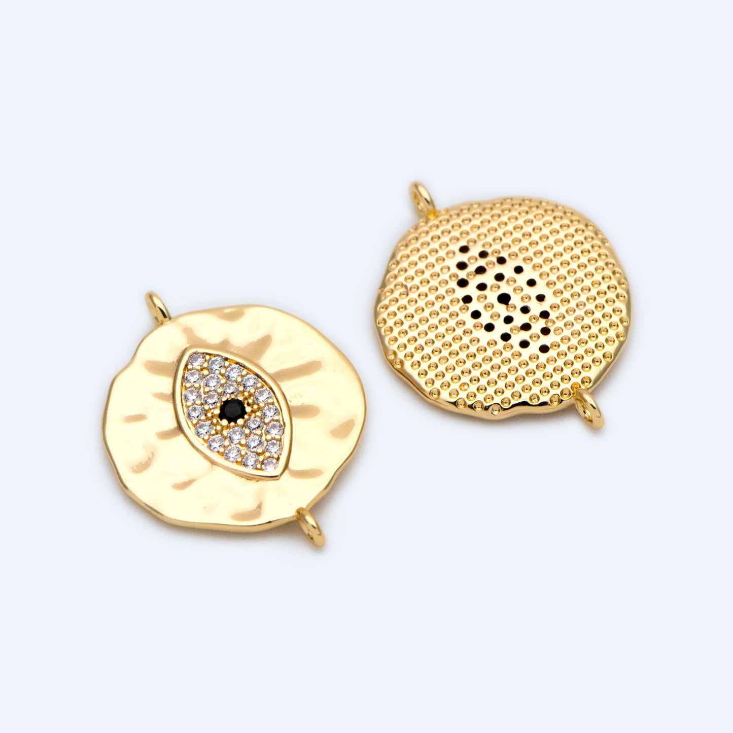 4pcs CZ Pave Gold Coin Connectors 19x15mm, 18K Gold plated Brass, Round Evil Eyes Charm Pendants (GB-1491)