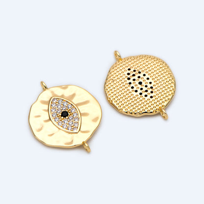 4pcs CZ Pave Gold Coin Connectors 19x15mm, 18K Gold plated Brass, Round Evil Eyes Charm Pendants (GB-1491)