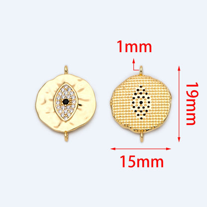 4pcs CZ Pave Gold Coin Connectors 19x15mm, 18K Gold plated Brass, Round Evil Eyes Charm Pendants (GB-1491)