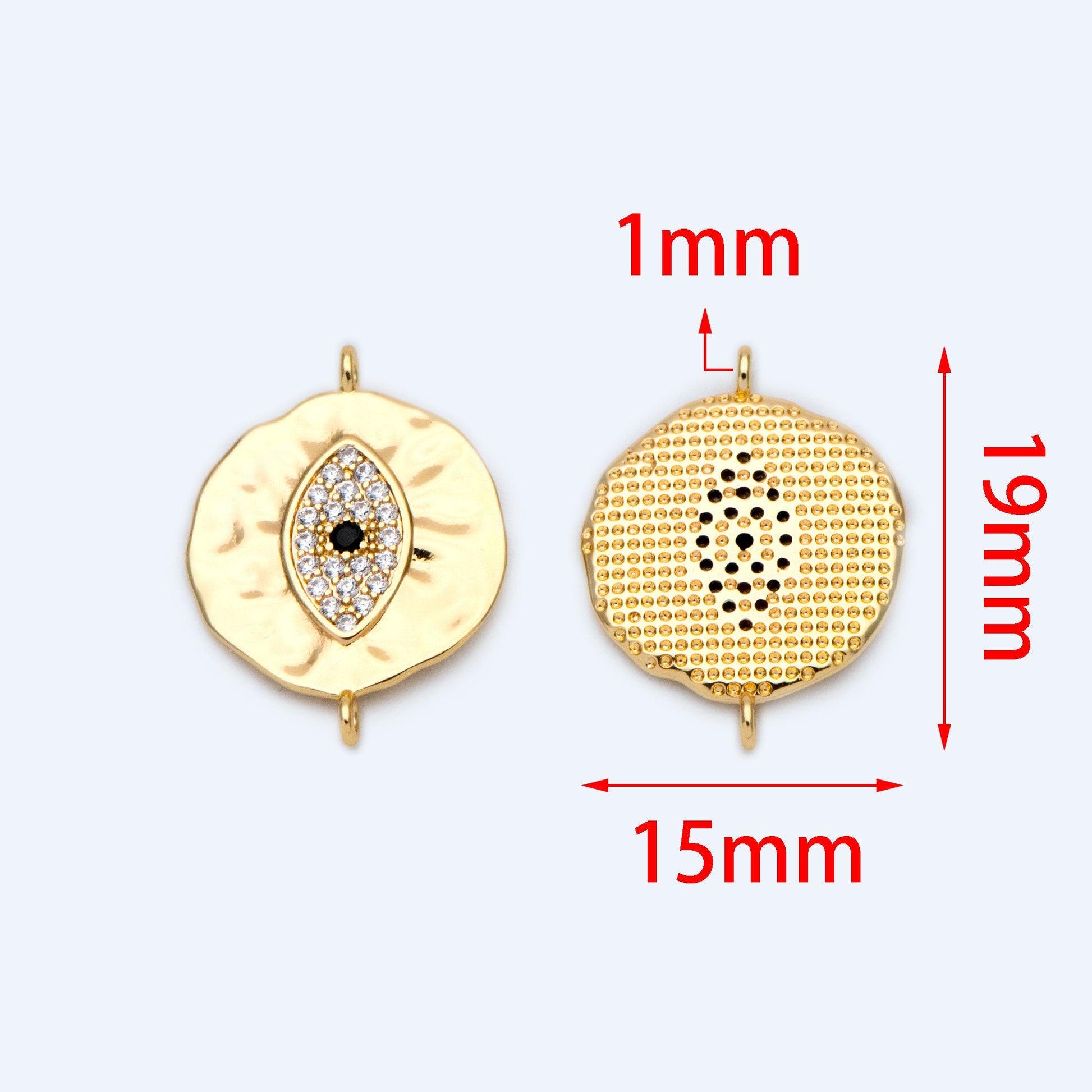 4pcs CZ Pave Gold Coin Connectors 19x15mm, 18K Gold plated Brass, Round Evil Eyes Charm Pendants (GB-1491)