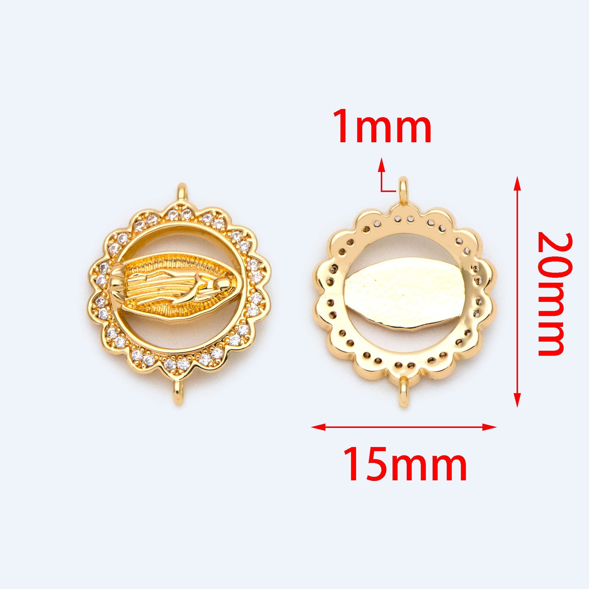4pcs CZ pave Gold Hollow Virgin Mother Mary Connectors, Catholic Baptism Lady Guadalupe Charm, Medallion Religious Jewelry Craft (GB-4395-C)