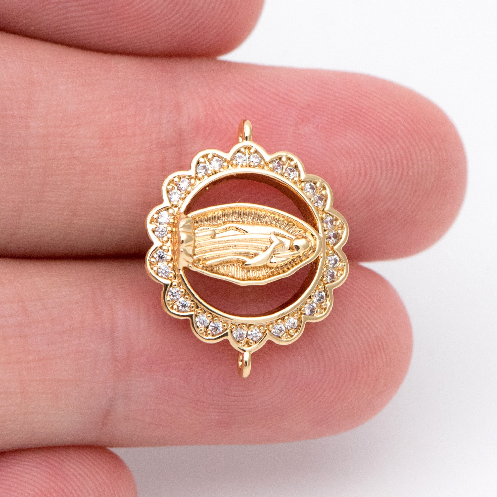 4pcs CZ pave Gold Hollow Virgin Mother Mary Connectors, Catholic Baptism Lady Guadalupe Charm, Medallion Religious Jewelry Craft (GB-4395-C)