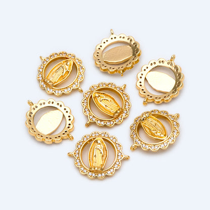 4pcs CZ pave Gold Hollow Virgin Mother Mary Connectors, Catholic Baptism Lady Guadalupe Charm, Medallion Religious Jewelry Craft (GB-4395-C)