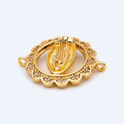 4pcs CZ pave Gold Hollow Virgin Mother Mary Connectors, Catholic Baptism Lady Guadalupe Charm, Medallion Religious Jewelry Craft (GB-4395-C)