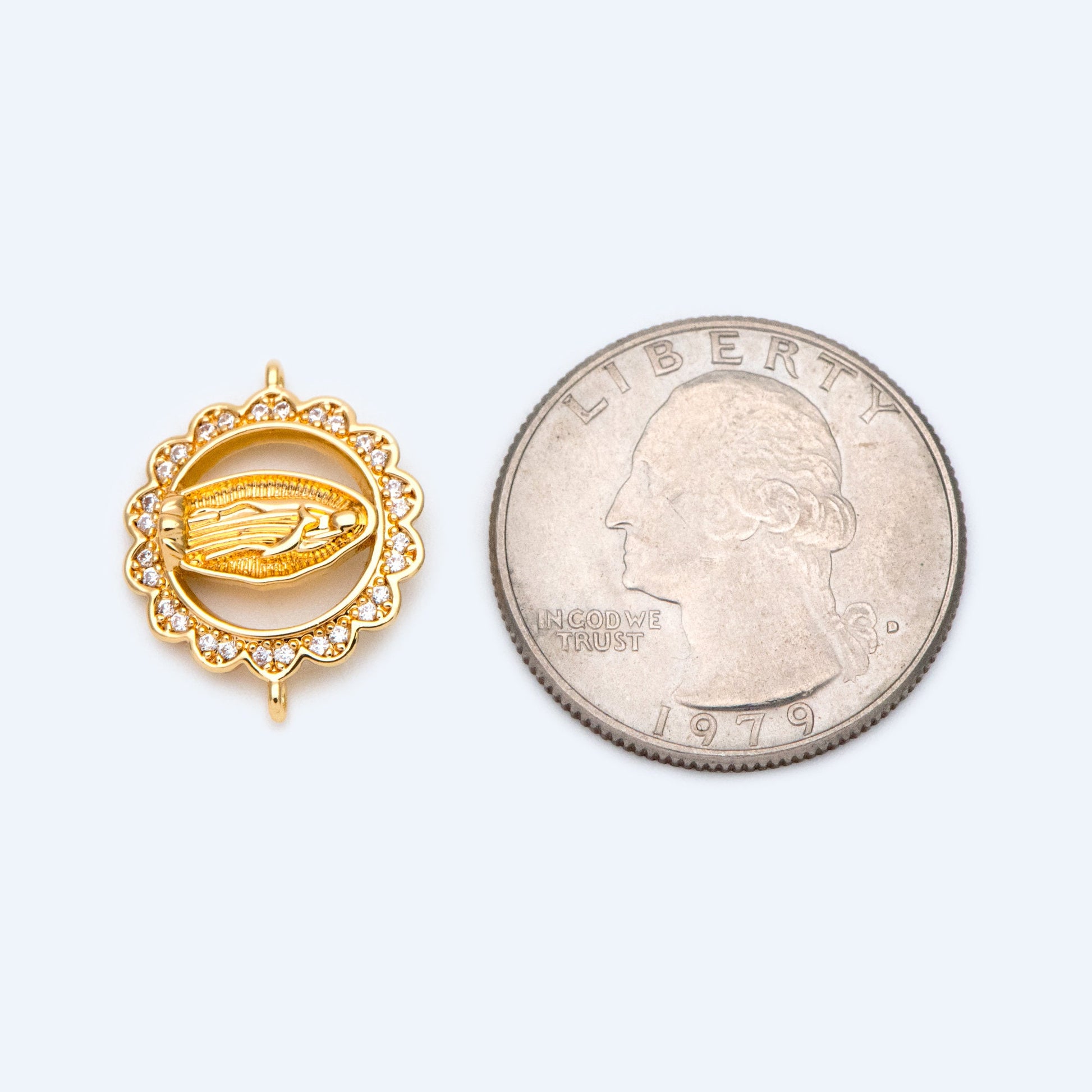 4pcs CZ pave Gold Hollow Virgin Mother Mary Connectors, Catholic Baptism Lady Guadalupe Charm, Medallion Religious Jewelry Craft (GB-4395-C)