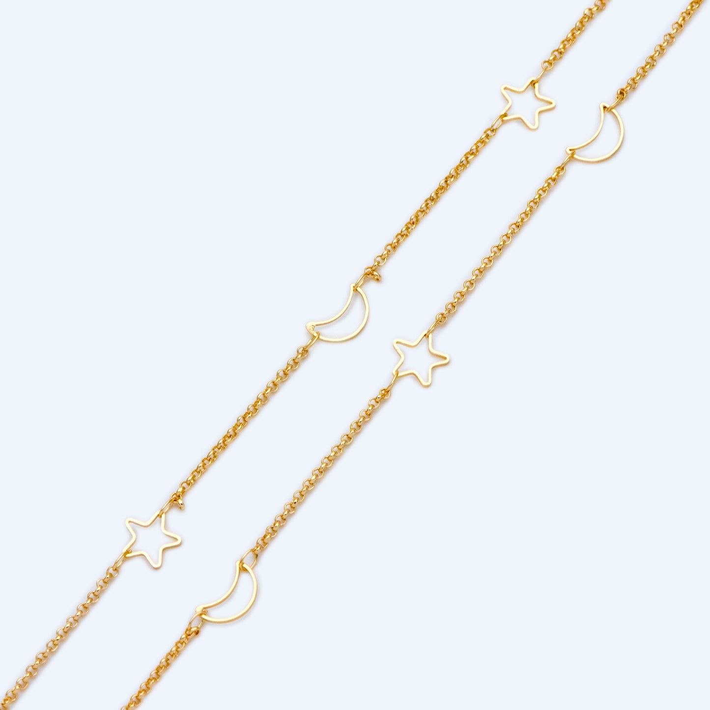 Gold Star And Moon Chain, 18K Gold plated Brass Star And Crescent Chain Wholesale (#LK-419)/ 1 Meter=3.3ft