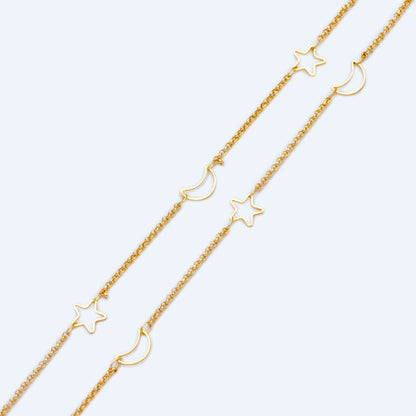Gold Star And Moon Chain, 18K Gold plated Brass Star And Crescent Chain Wholesale (#LK-419)/ 1 Meter=3.3ft