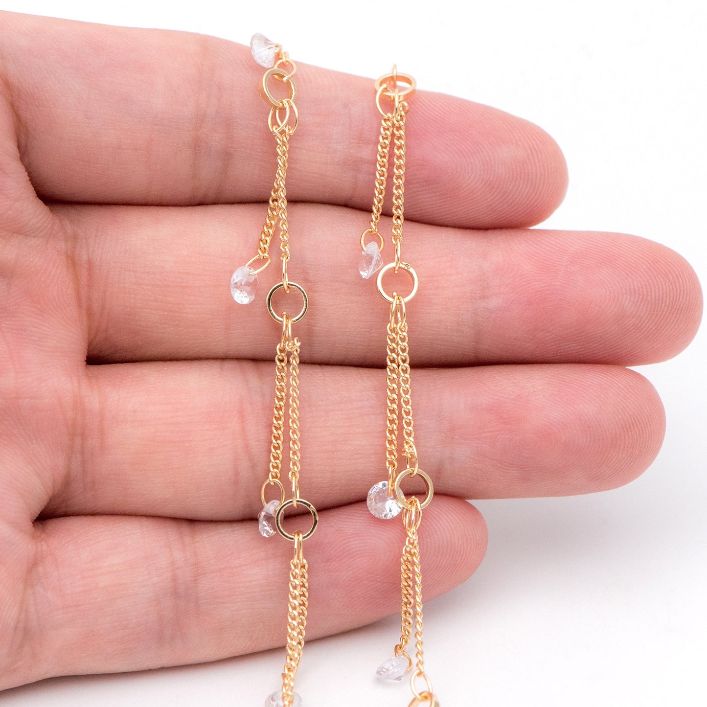 Gold Cable Chains with Clear CZ, Gold plated Brass Chain Wholesale, Jewelry Supply(#LK-420)/ 1 Meter=3.3 ft