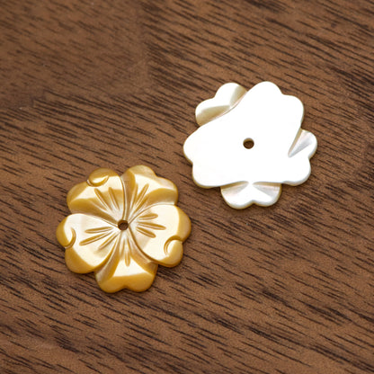 10pcs Yellow Mother of Pearl Flowers, Carved MOP Shell Flowers 15mm, Center Drilled (V1356-2)