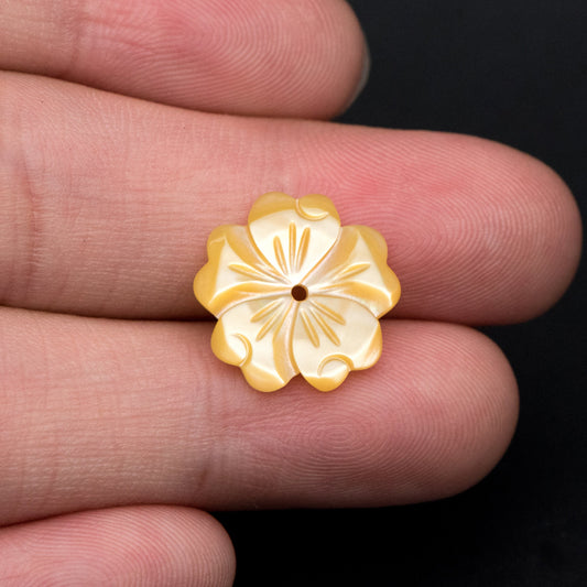 10pcs Yellow Mother of Pearl Flowers, Carved MOP Shell Flowers 15mm, Center Drilled (V1356-2)