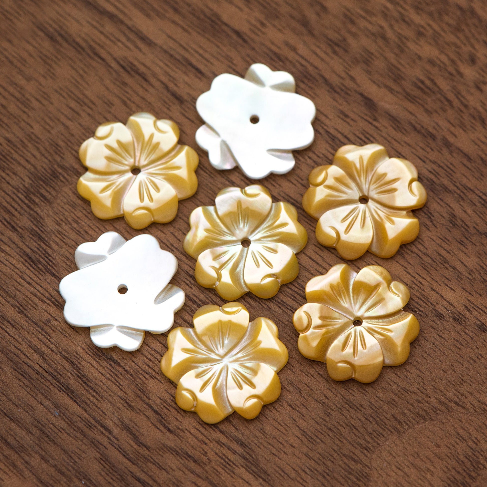 10pcs Yellow Mother of Pearl Flowers, Carved MOP Shell Flowers 15mm, Center Drilled (V1356-2)
