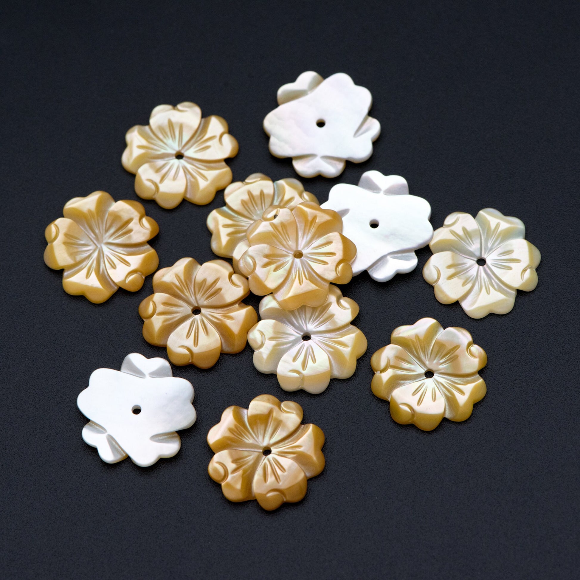 10pcs Yellow Mother of Pearl Flowers, Carved MOP Shell Flowers 15mm, Center Drilled (V1356-2)