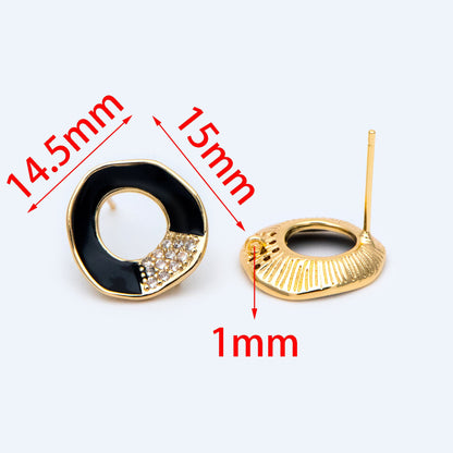 10pcs CZ pave Gold Circle Ear Posts, Black Enamel Geometric Stud Earrings with Loops, DIY Earring Findings (GB-1461-2)
