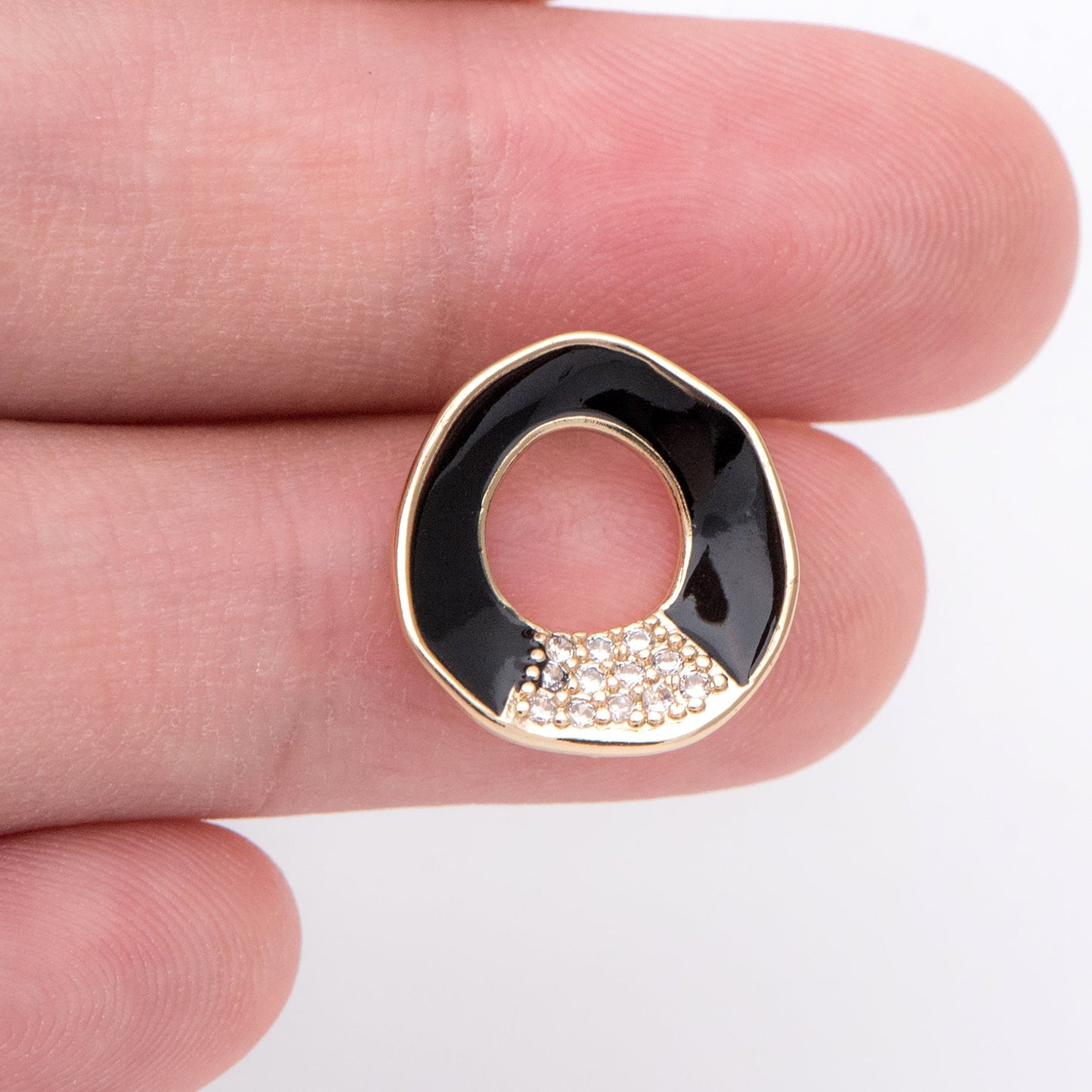 10pcs CZ pave Gold Circle Ear Posts, Black Enamel Geometric Stud Earrings with Loops, DIY Earring Findings (GB-1461-2)