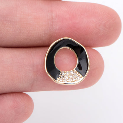 10pcs CZ pave Gold Circle Ear Posts, Black Enamel Geometric Stud Earrings with Loops, DIY Earring Findings (GB-1461-2)
