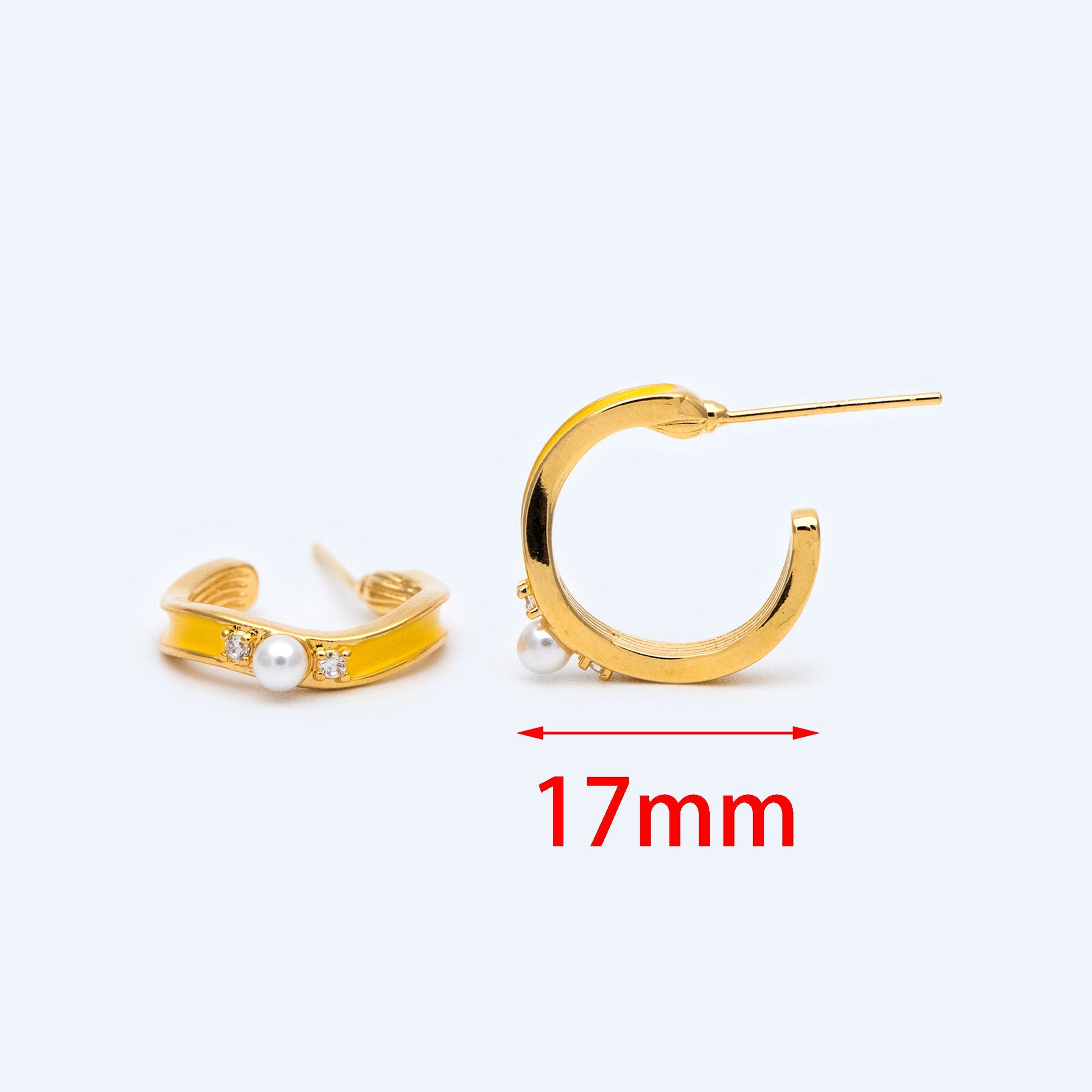 4pcs CZ Pave Yellow Enamel Ear Post 17mm, Real Gold Plated Brass Ear Stud (GB-1474-2)