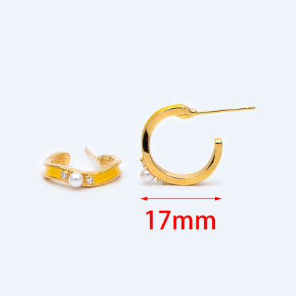 4pcs CZ Pave Yellow Enamel Ear Post 17mm, Real Gold Plated Brass Ear Stud (GB-1474-2)