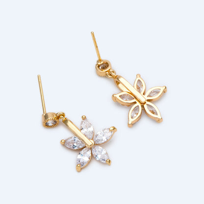 4pcs CZ Pave Flower Ear Posts 14x22mm, Real Gold Plated Brass Stud Earrings (#GB-1494)