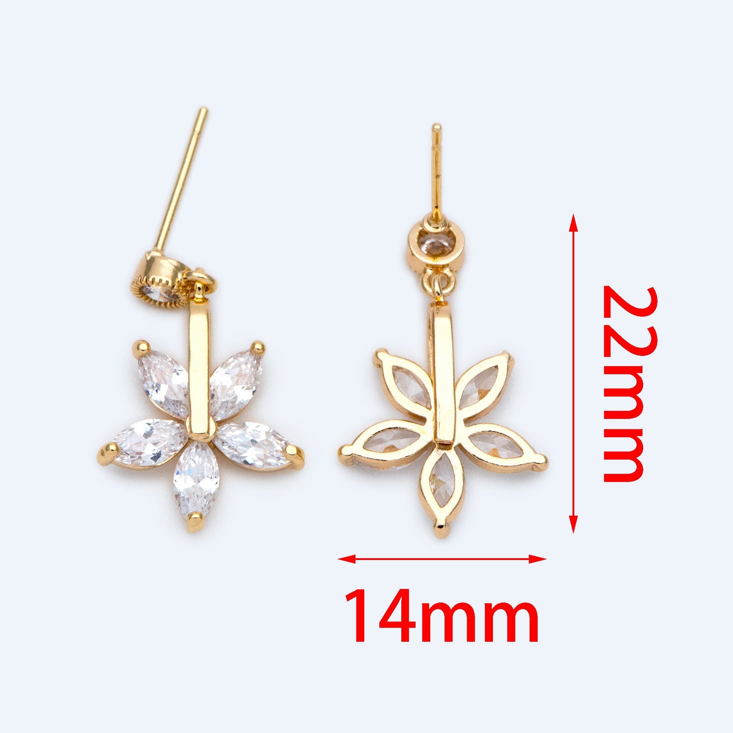4pcs CZ Pave Flower Ear Posts 14x22mm, Real Gold Plated Brass Stud Earrings (#GB-1494)
